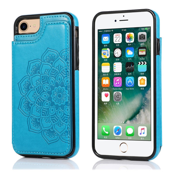 Double Buckle Mandala Pattern PU+TPU Protective Case with Card Slots & Holder & Photo Frame, For iPhone SE 2022 / SE 2020 / 8 / 7, For iPhone 7 Plus / 8 Plus, For iPhone X / XS, For iPhone XR