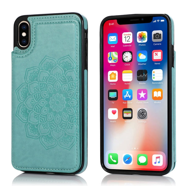 Double Buckle Mandala Pattern PU+TPU Protective Case with Card Slots & Holder & Photo Frame, For iPhone SE 2022 / SE 2020 / 8 / 7, For iPhone 7 Plus / 8 Plus, For iPhone X / XS, For iPhone XR