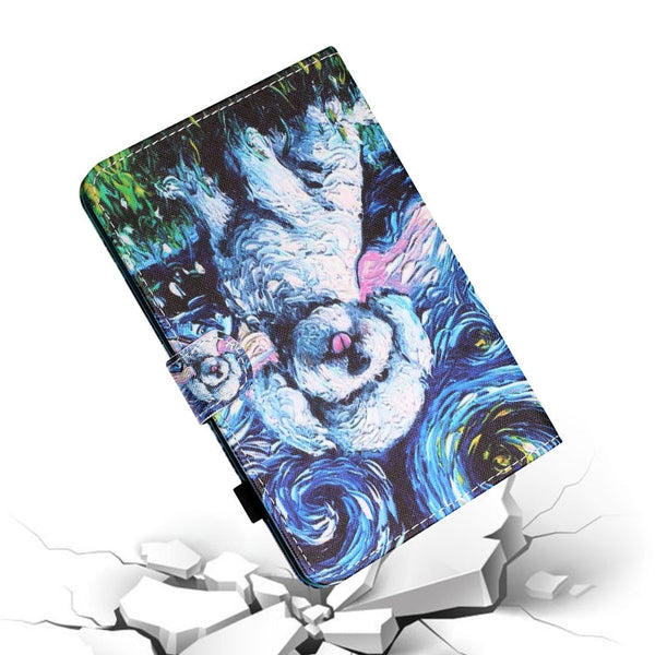 Sewing Thread Horizontal Painted Flat Leather Case with Pen Cover & Anti Skid Strip & Card Slot & Holder & Sleep / Wake-up Function