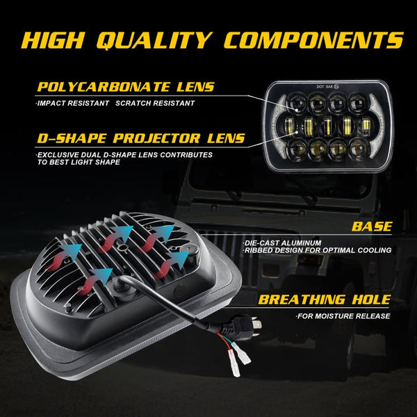 7 inch(5X7)/(7X6) H4 DC 9V-30V 30000LM 300W 8LEDs Car Square Shape LED Headlight Lamps for Jeep Wrangler