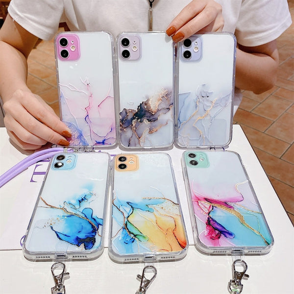 Hollow Marble Pattern TPU Shockproof Protective Case with Neck Strap Rope, For iPhone XS / X, For iPhone XR, For iPhone XS Max, For iPhone 11