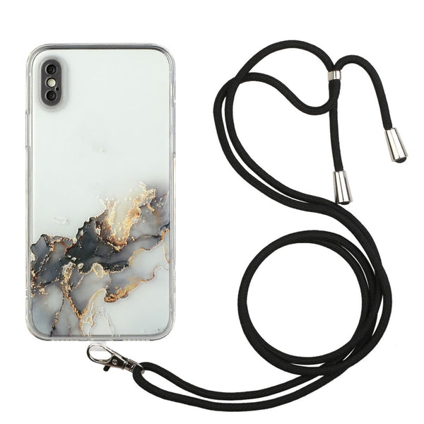 Hollow Marble Pattern TPU Shockproof Protective Case with Neck Strap Rope, For iPhone XS / X, For iPhone XR, For iPhone XS Max, For iPhone 11