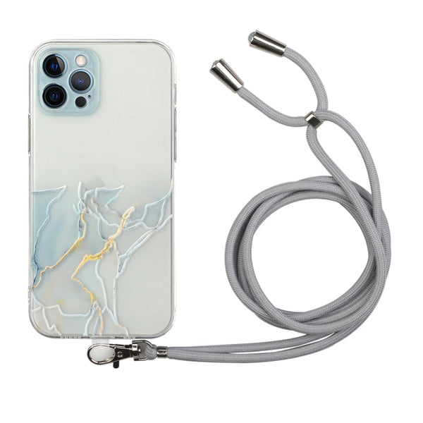 Hollow Marble Pattern TPU Shockproof Protective Case with Neck Strap Rope, For iPhone 12 Pro Max