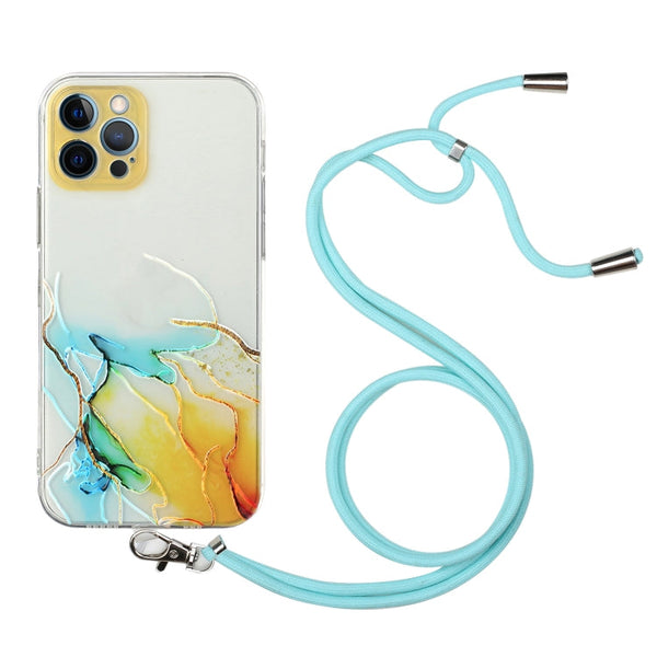 Hollow Marble Pattern TPU Shockproof Protective Case with Neck Strap Rope, For iPhone 12 Pro Max