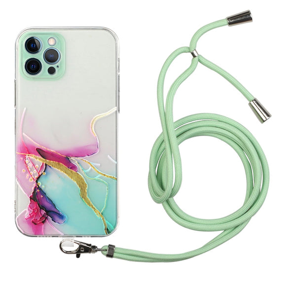 Hollow Marble Pattern TPU Shockproof Protective Case with Neck Strap Rope, For iPhone 12 Pro Max