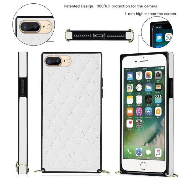 Elegant Rhombic Pattern Microfiber Leather +TPU Shockproof Case with Crossbody Strap Chain, For iPhone SE 2022 / SE 2020 / 8 / 7, For iPhone 8 Plus / 7 Plus, For iPhone X / XS, For iPhone XR