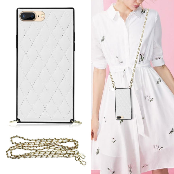 Elegant Rhombic Pattern Microfiber Leather +TPU Shockproof Case with Crossbody Strap Chain, For iPhone SE 2022 / SE 2020 / 8 / 7, For iPhone 8 Plus / 7 Plus, For iPhone X / XS, For iPhone XR