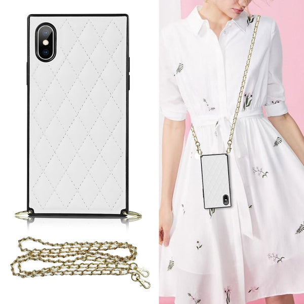 Elegant Rhombic Pattern Microfiber Leather +TPU Shockproof Case with Crossbody Strap Chain, For iPhone SE 2022 / SE 2020 / 8 / 7, For iPhone 8 Plus / 7 Plus, For iPhone X / XS, For iPhone XR