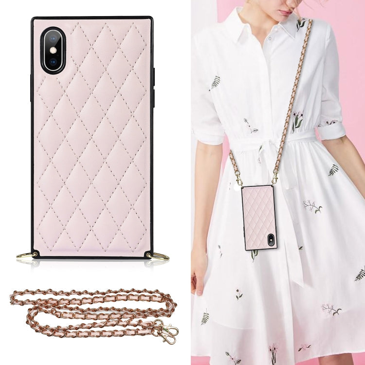 Elegant Rhombic Pattern Microfiber Leather +TPU Shockproof Case with Crossbody Strap Chain, For iPhone SE 2022 / SE 2020 / 8 / 7, For iPhone 8 Plus / 7 Plus, For iPhone X / XS, For iPhone XR