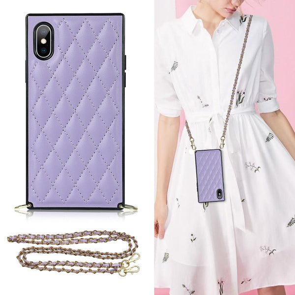 Elegant Rhombic Pattern Microfiber Leather +TPU Shockproof Case with Crossbody Strap Chain, For iPhone SE 2022 / SE 2020 / 8 / 7, For iPhone 8 Plus / 7 Plus, For iPhone X / XS, For iPhone XR