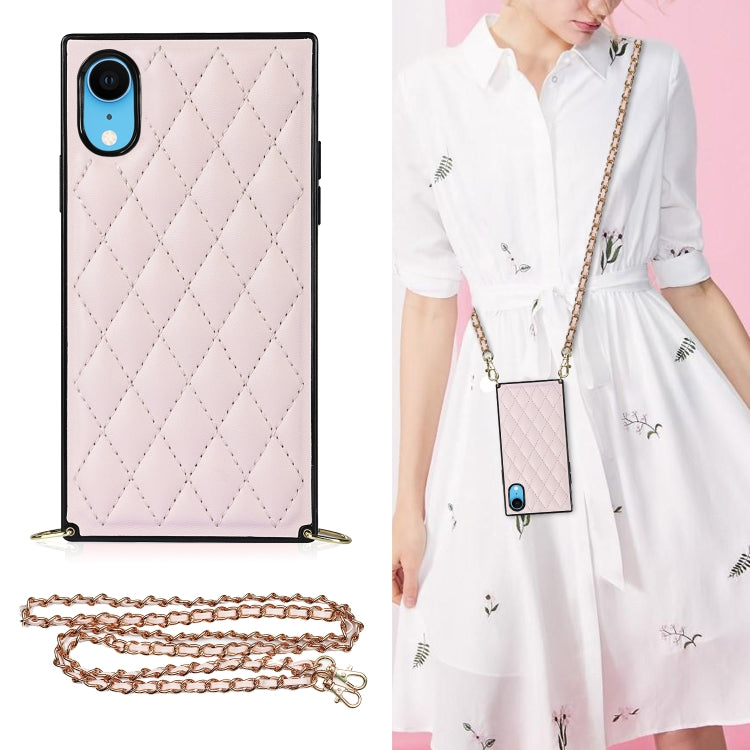 Elegant Rhombic Pattern Microfiber Leather +TPU Shockproof Case with Crossbody Strap Chain, For iPhone SE 2022 / SE 2020 / 8 / 7, For iPhone 8 Plus / 7 Plus, For iPhone X / XS, For iPhone XR