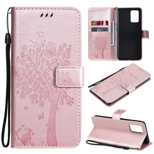 Tree & Cat Pattern Pressed Printing Horizontal Flip PU Leather Case with Holder & Card Slots & Wallet & Lanyard, For LG Stylo 7 5G / 4G, For OPPO F19 / A74 4G