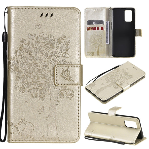 Tree & Cat Pattern Pressed Printing Horizontal Flip PU Leather Case with Holder & Card Slots & Wallet & Lanyard, For LG Stylo 7 5G / 4G, For OPPO F19 / A74 4G