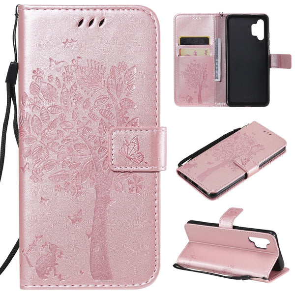 Tree & Cat Pattern Pressed Printing Horizontal Flip PU Leather Case with Holder & Card Slots & Wallet & Lanyard, For Samsung Galaxy A32 4G, For Samsung Galaxy S21 FE