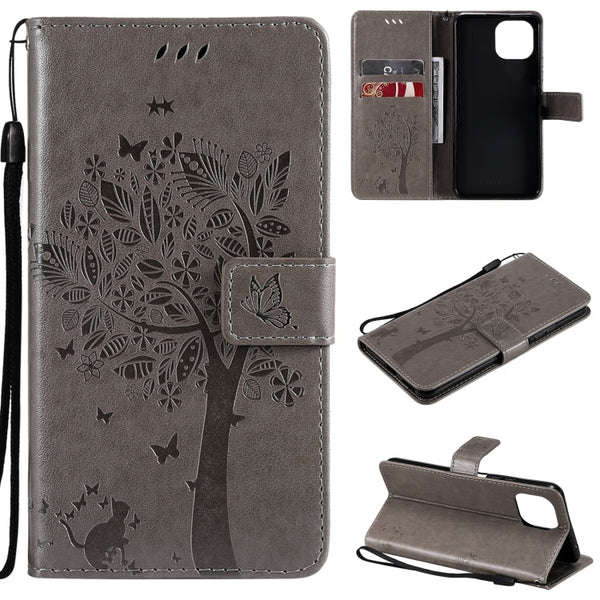 Tree & Cat Pattern Pressed Printing Horizontal Flip PU Leather Case with Holder & Card Slots & Wallet & Lanyard, For Xiaomi Mi 11 Lite 5G, For Xiaomi Mi 11 Pro