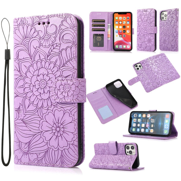 Skin Feel Embossed Sunflower Horizontal Flip Leather Case with Holder & Card Slots & Wallet & Lanyard, For iPhone 12, For iPhone 12 Mini, For iPhone 12 Pro, For iPhone 12 Pro Max