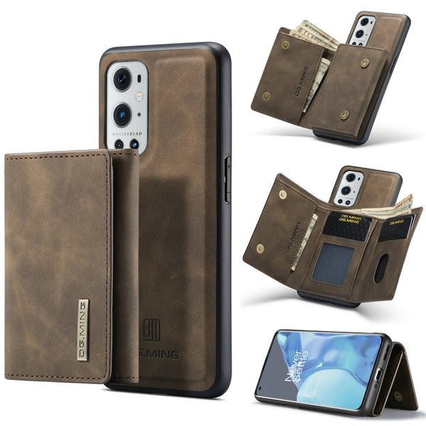 DG.MING M1 Series 3-Fold Multi Card Wallet + Magnetic Back Cover Shockproof Case with Holder Function, For OnePlus 9 Pro, For OnePlus 9 (EU/NA)