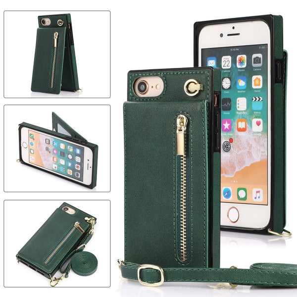Cross-body Zipper Square TPU+PU Back Cover Case with Holder & Card Slots & Wallet & Strap, For iPhone 12 mini, For iPhone 12 / 12 Pro, For iPhone 12 Pro Max, For iPhone SE 2022 / SE 2020 / 8 / 7