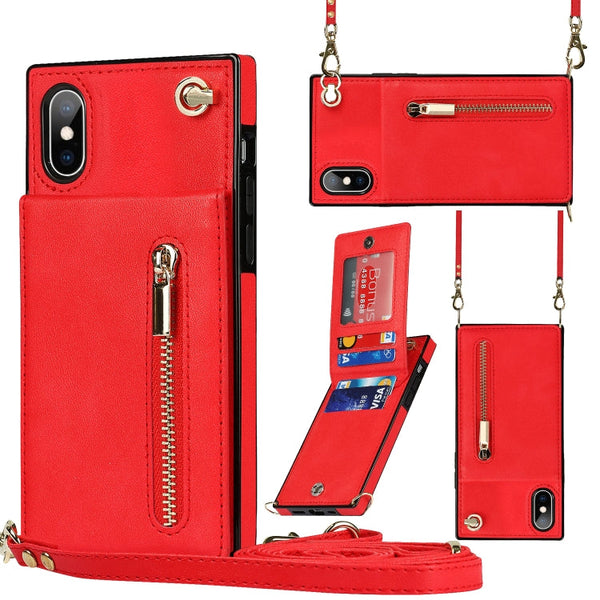 Cross-body Zipper Square TPU+PU Back Cover Case with Holder & Card Slots & Wallet & Strap, For iPhone XS / X, For iPhone XR, For iPhone XS Max