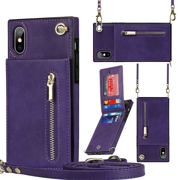 Cross-body Zipper Square TPU+PU Back Cover Case with Holder & Card Slots & Wallet & Strap, For iPhone XS / X, For iPhone XR, For iPhone XS Max
