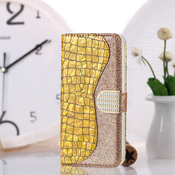 Laser Glitter Powder Matching Crocodile Texture Horizontal Flip Leather Case with Card Slots & Holder & Wallet