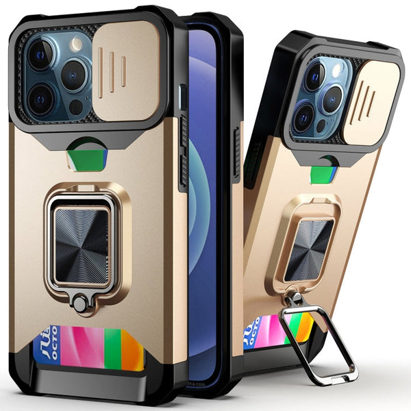 Sliding Camera Cover Design PC + TPU Shockproof Case with Ring Holder & Card Slot, For iPhone 13 mini, For iPhone 13, For iPhone 13 Pro
