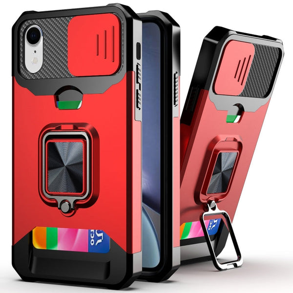 Sliding Camera Cover Design PC + TPU Shockproof Case with Ring Holder & Card Slot, For iPhone XS / X, For iPhone XR, For iPhone 11 Pro