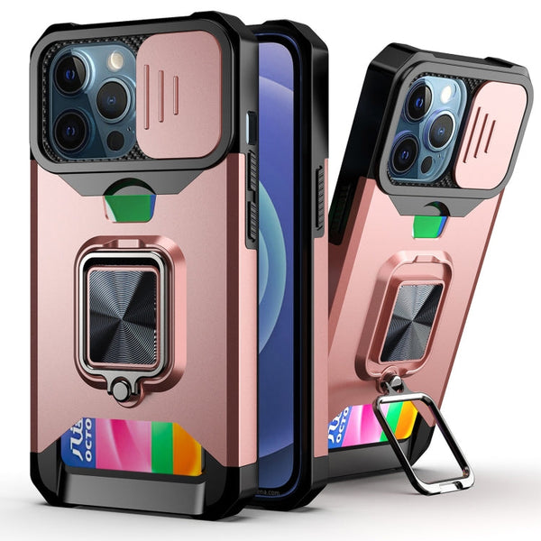 Sliding Camera Cover Design PC + TPU Shockproof Case with Ring Holder & Card Slot, For iPhone 13 Pro Max, For iPhone 11, For iPhone XS Max