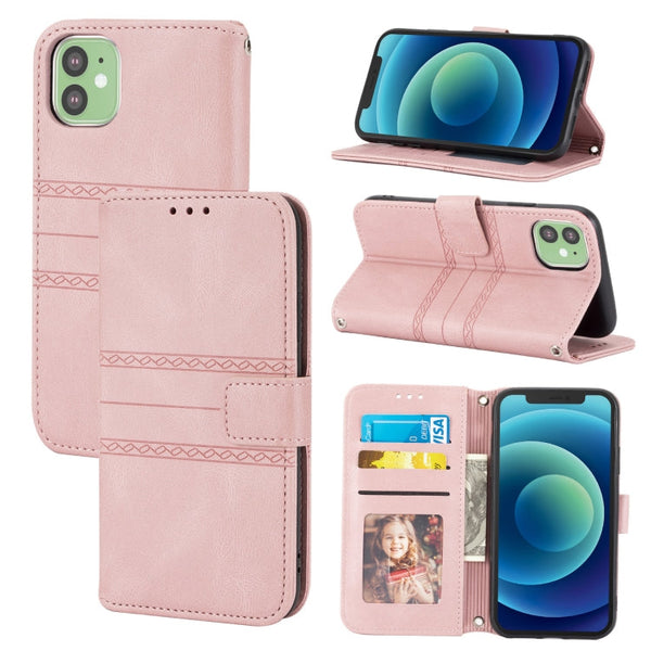 Embossed Striped Magnetic Buckle PU + TPU Horizontal Flip Leather Case with Holder & Card Slot & Wallet & Photo Frame & Sling, For iPhone 12 Pro, For iPhone 12 Pro Max, For iPhone 11, For iPhone 11 Pro