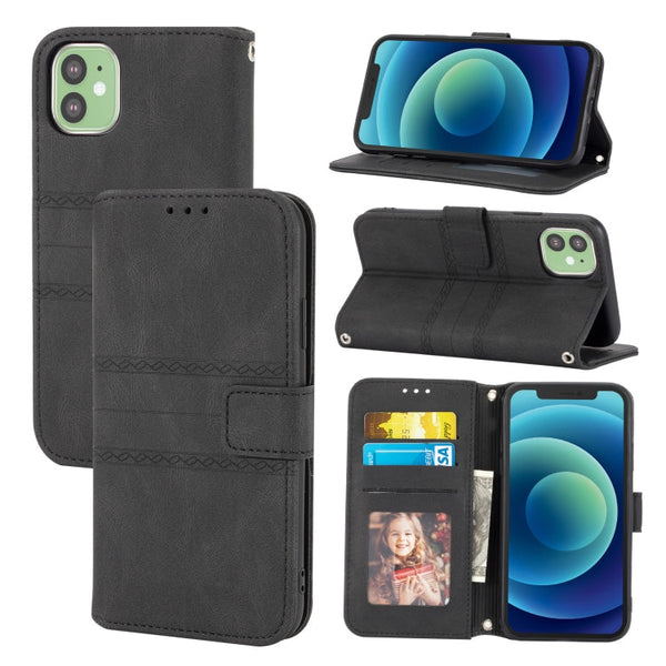 Embossed Striped Magnetic Buckle PU + TPU Horizontal Flip Leather Case with Holder & Card Slot & Wallet & Photo Frame & Sling, For iPhone 12 Pro, For iPhone 12 Pro Max, For iPhone 11, For iPhone 11 Pro