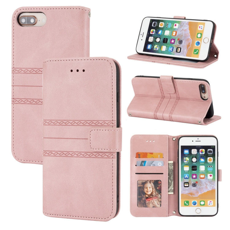 Embossed Striped Magnetic Buckle PU + TPU Horizontal Flip Leather Case with Holder & Card Slot & Wallet & Photo Frame & Sling, For iPhone 8 / 7 / 6, For iPhone 8 Plus / 7 Plus / 6 Plus