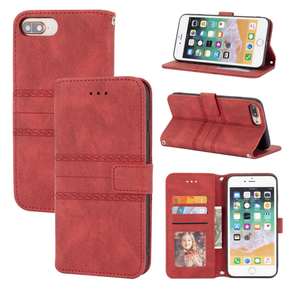 Embossed Striped Magnetic Buckle PU + TPU Horizontal Flip Leather Case with Holder & Card Slot & Wallet & Photo Frame & Sling, For iPhone 8 / 7 / 6, For iPhone 8 Plus / 7 Plus / 6 Plus