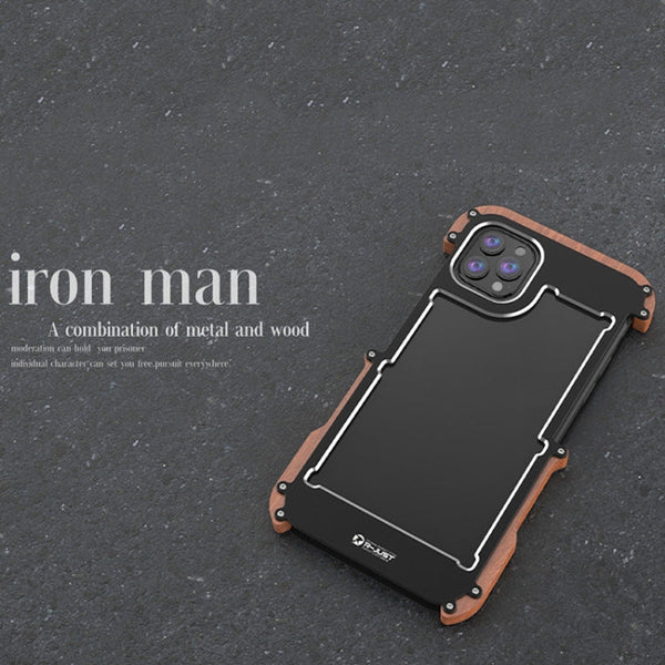 R-JUST Ironwood Man Shockproof Metal + Wood Bumper Protective Case, For iPhone 13, For iPhone 13 Pro, For iPhone 13 Pro Max