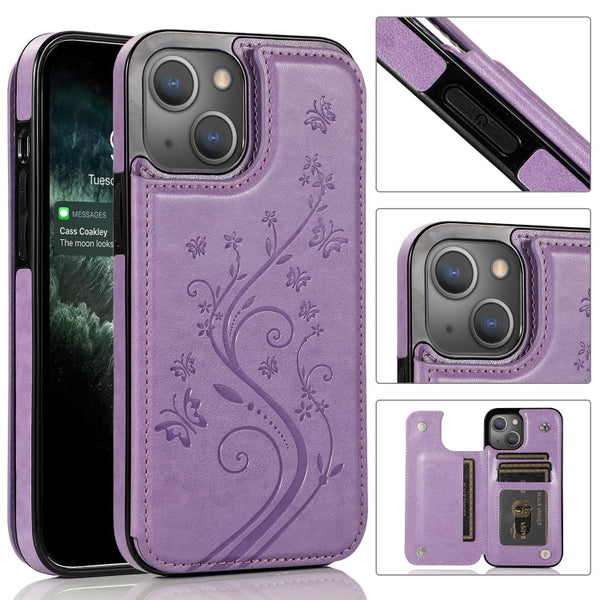 Butterflies Flowers Double Buckle PU + TPU Protective Case with Holder & Card Slots & Photo Frame, For iPhone 13 Pro, For iPhone 13 Pro Max