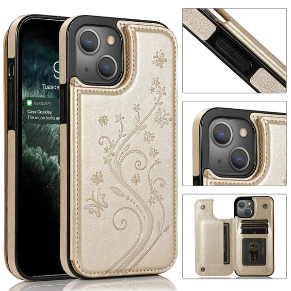 Butterflies Flowers Double Buckle PU + TPU Protective Case with Holder & Card Slots & Photo Frame, For iPhone 13 Pro, For iPhone 13 Pro Max