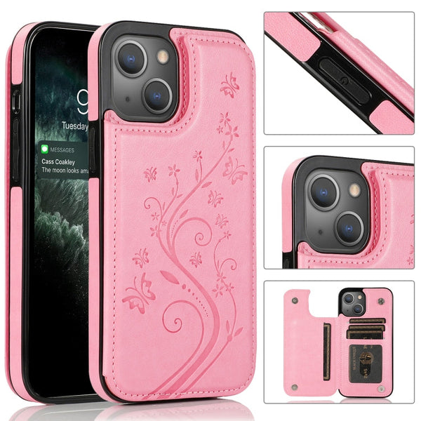 Butterflies Flowers Double Buckle PU + TPU Protective Case with Holder & Card Slots & Photo Frame, For iPhone 13 Pro, For iPhone 13 Pro Max