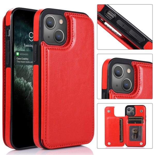 Double Buckle Shockproof PU Protective Case with Card Slots & Holder, For iPhone 13, For  iPhone 13 Mini, For iPhone 13 Pro