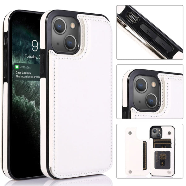 Double Buckle Shockproof PU Protective Case with Card Slots & Holder, For iPhone 13, For  iPhone 13 Mini, For iPhone 13 Pro