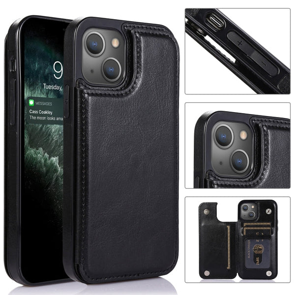 Double Buckle Shockproof PU Protective Case with Card Slots & Holder, For iPhone 13, For  iPhone 13 Mini, For iPhone 13 Pro