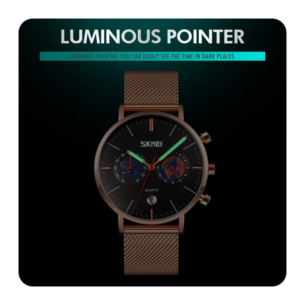 SKMEI 9231 Men Map Pattern Calendar Stopwatch Stainless Steel Strap Quartz Watch