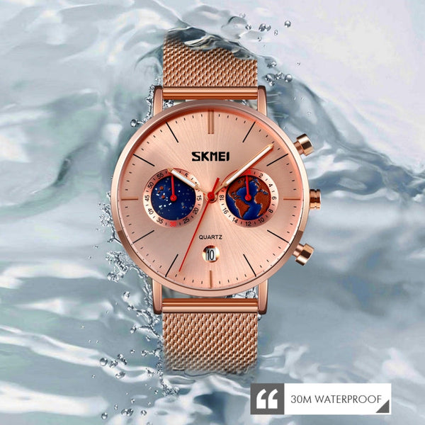 SKMEI 9231 Men Map Pattern Calendar Stopwatch Stainless Steel Strap Quartz Watch