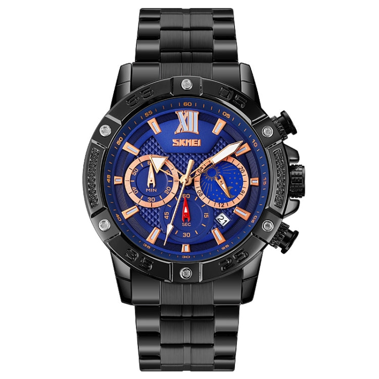 SKMEI 9235 Men Moonphase Stopwatch Stainless Steel Strap Quartz Watch