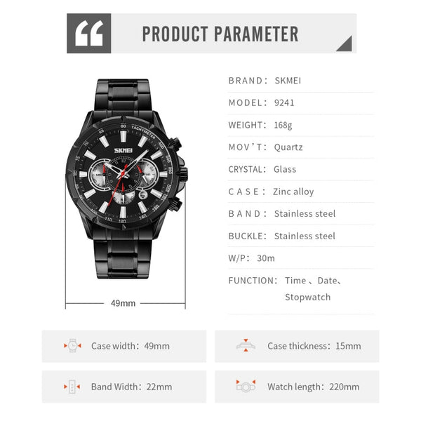 SKMEI 9241 Men Calendar Stopwatch Stainless Steel Strap Quartz Watch