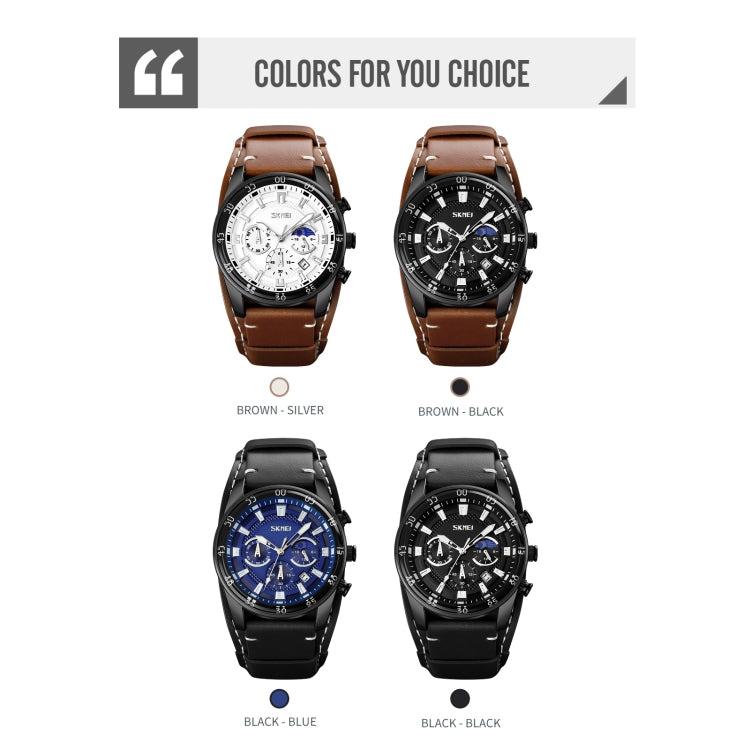 SKMEI 9249 Men Moonphase Calendar Stopwatch Leather Strap Quartz Watch