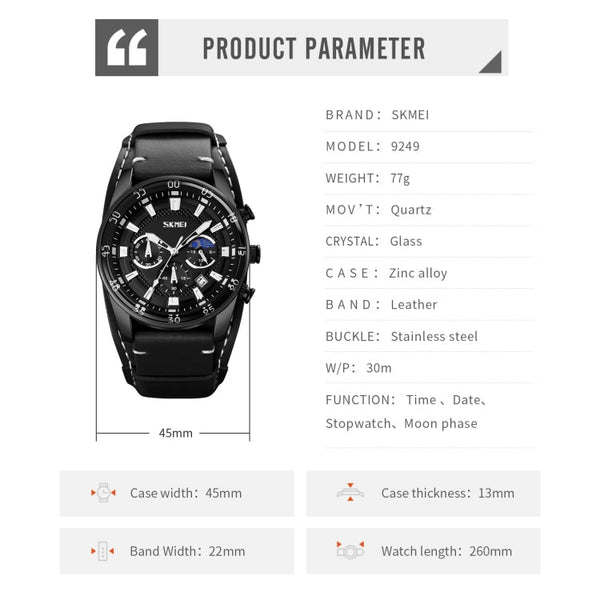 SKMEI 9249 Men Moonphase Calendar Stopwatch Leather Strap Quartz Watch