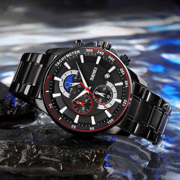 SKMEI 9250 Men Moonphase Stopwatch Date Six Pin Stainless Steel Strap Quartz Watch