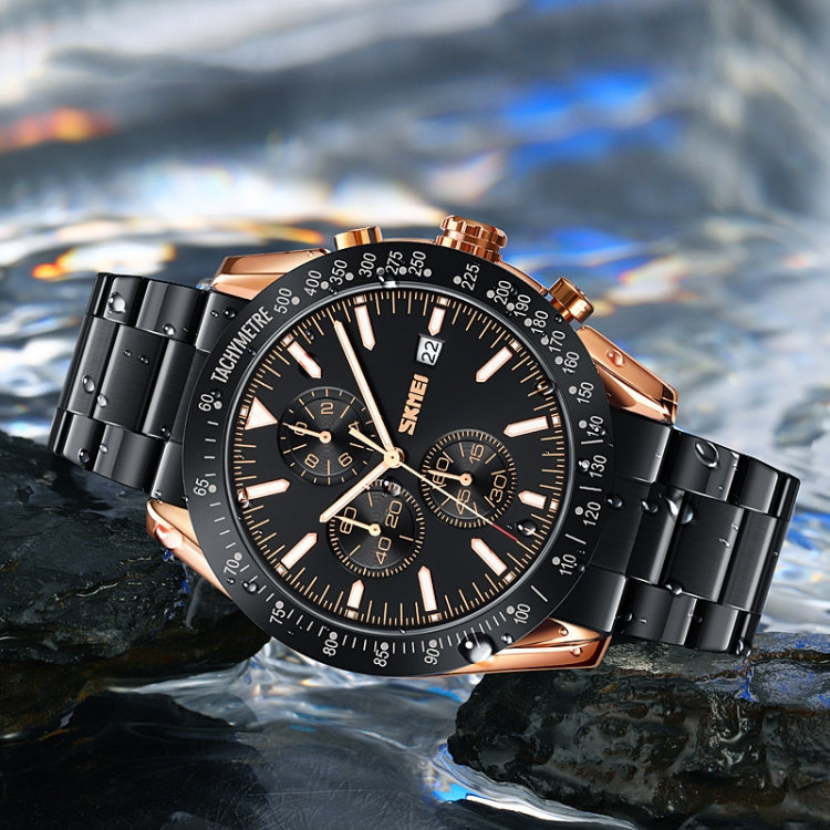 SKMEI 9253 Men Stopwatch Date Six Pin Stainless Steel Strap Quartz Watch