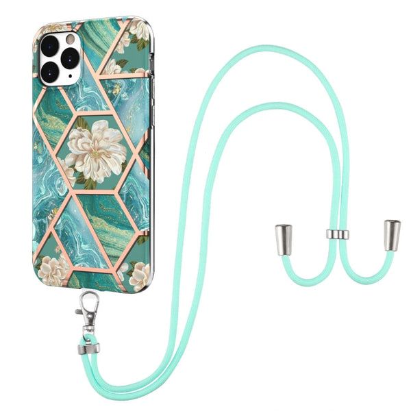 Electroplating Splicing Marble Flower Pattern TPU Shockproof Case with Lanyard, For iPhone XS Max, For iPhone 8 Plus / 7 Plus, For iPhone SE 2022 / SE 2020 / 8 / 7