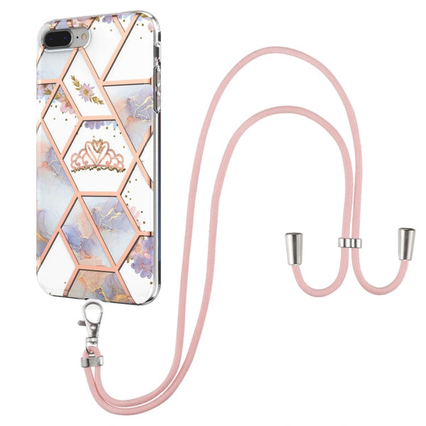 Electroplating Splicing Marble Flower Pattern TPU Shockproof Case with Lanyard, For iPhone XS Max, For iPhone 8 Plus / 7 Plus, For iPhone SE 2022 / SE 2020 / 8 / 7