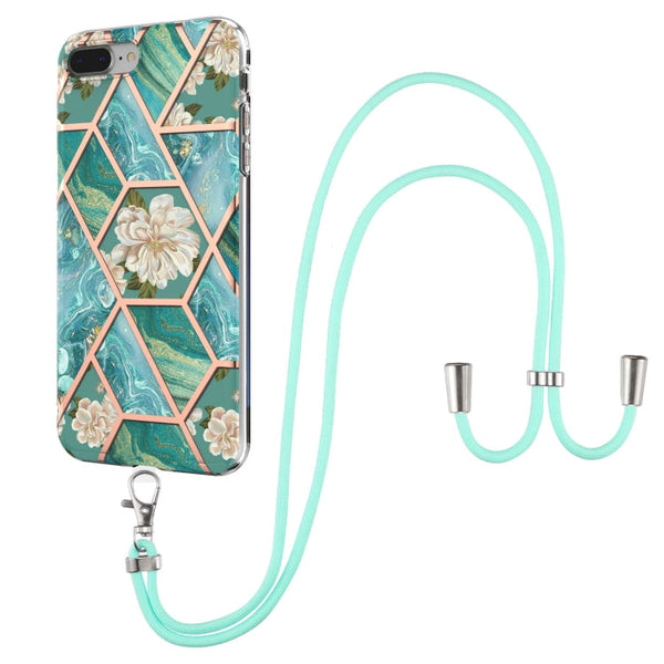 Electroplating Splicing Marble Flower Pattern TPU Shockproof Case with Lanyard, For iPhone XS Max, For iPhone 8 Plus / 7 Plus, For iPhone SE 2022 / SE 2020 / 8 / 7